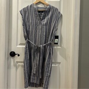 Jones New York Navy/White Striped V-Neck Midi Dress Workwear W Belt Size 8